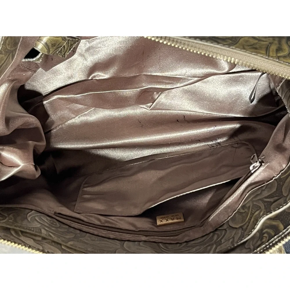 Maxx New York Floral Embossed Patent Leather Satchel Gold Zip Top Shoulder Bag